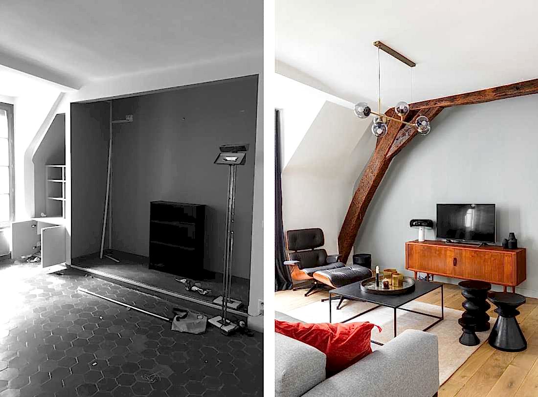 Rénovation de la salle de séjour de l'apparetement en photo avant-après