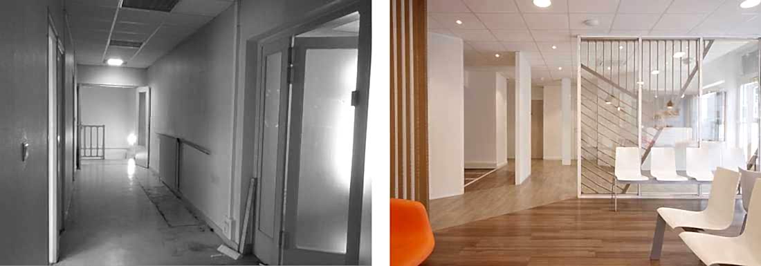 Photo avant-après de la transformation d'un local en maison médicale - espace commun 