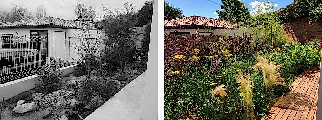 Avant-après de l'aménagement d'une petit jardin dans un lotissement par un paysagiste en Ile de France