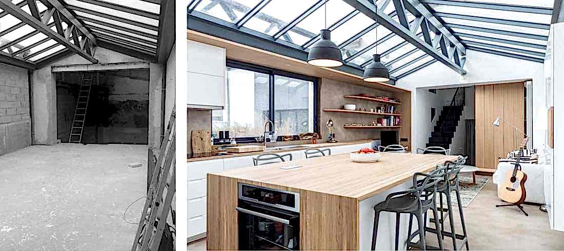 Loft contemporain avec verrière : photo avant - après d'une réalisation d'architecture d'intérieur