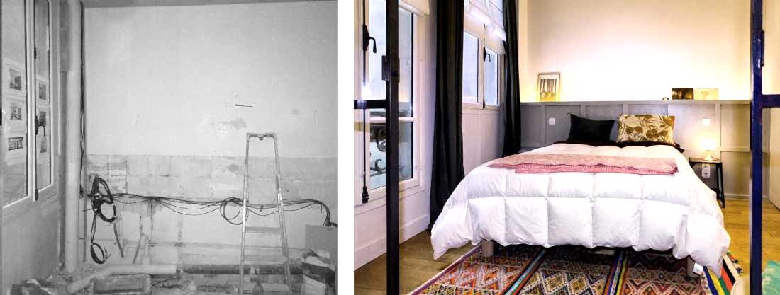 Photo avant - après de la rénovation de la chambe parentale dans le cadre d'un projet d'architecture d'intérieur dans un appartement