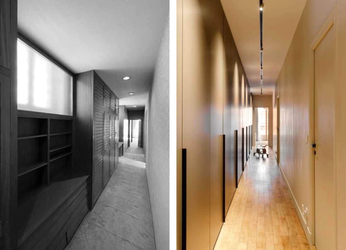 Avant-Après : couloir de l'appartement après les travaux d'aménagement intérieur