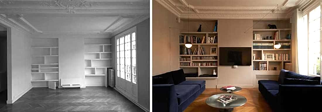 Architecture d'intérieur d'un salon - séjour avec une bibliothéque intégré et un coin TV