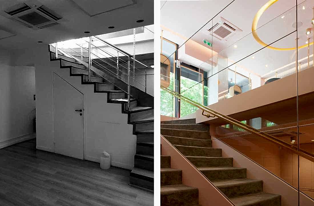 Photos avant-après du design d'un escalier dans une boutique