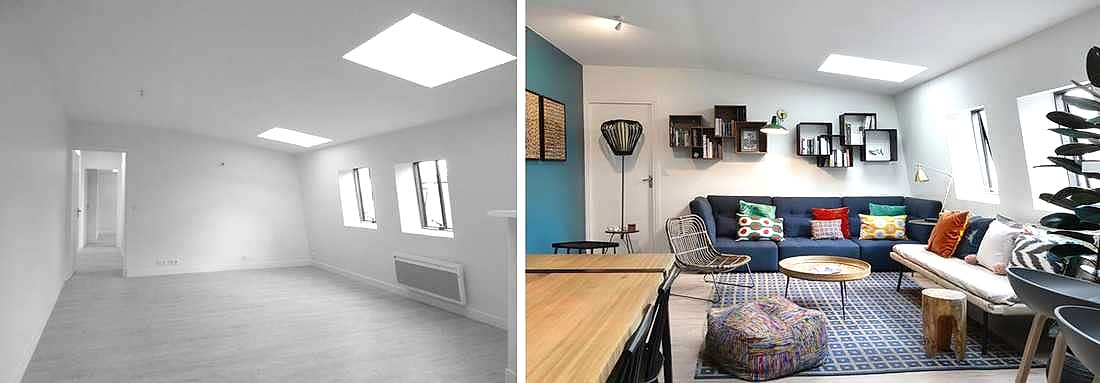 Décoration d'un salon bleu dans un appartement de 65m2