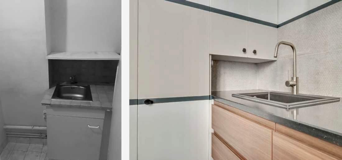 Avant - Après : coin évier dans un studio de 14m² optimisé