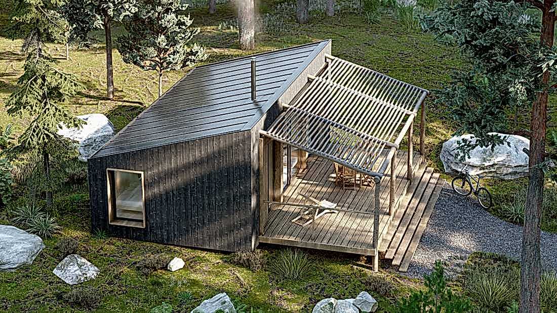 Construction d'une yakisugi house, cabane en bois en pleine nature - vue aérienne