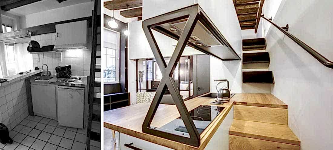 Escalier et cuisine intégrée dans l'appartement 2/3 pièces rénovées