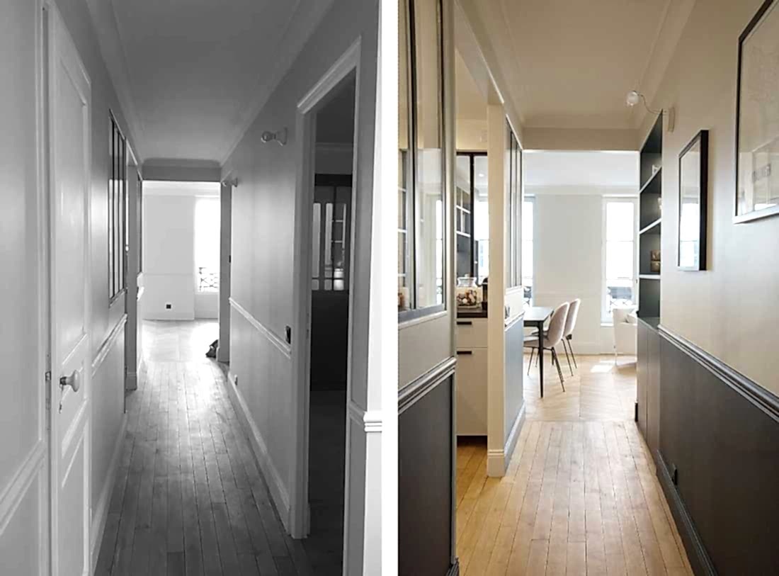Avant-Après : aménagement d'un couloir - entrée par un architecte d'intérieur en Ile de France