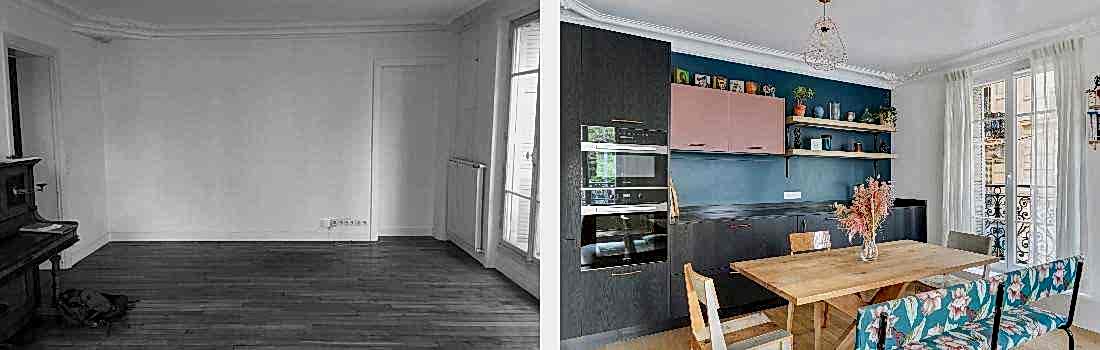 Avant - Après : Redistribution d'un appartement de 100 m² -  la cuisine dans le séjour