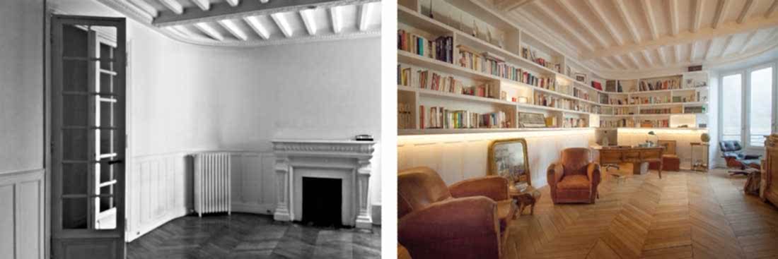 Rénovation du salon d'un appartemement haussmannien avec bibliothèque sur-mesure