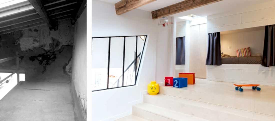 Photo avant et  après d'un loft avec une chambre d'enfant
