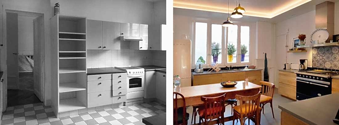 Avant-après de la rénovation de la cuisine d'un appartement haussmannien