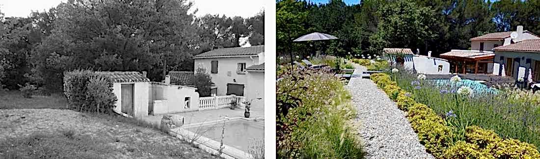 Avant - après du jardin paysagé d'un mas provençal