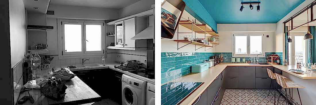 Avant - après : Cuisine bleu canard aménagé par un architecte d'intérieur