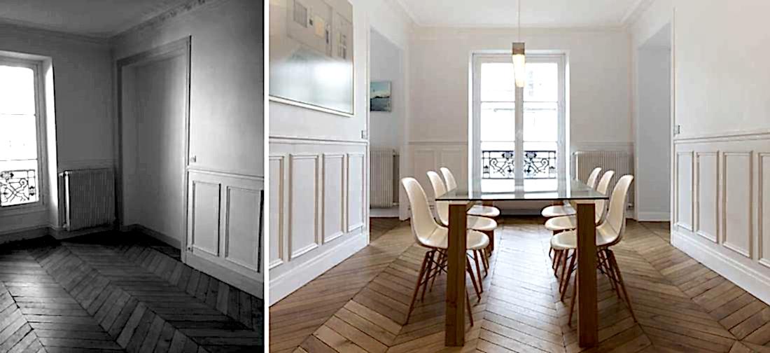 Salle à manger lumineuse dans un appartement parisien