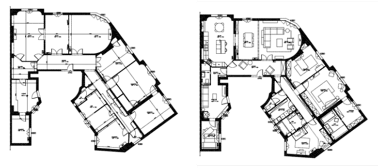 Plan de rénovation avant - après d'un appartement haussmannien de 230m2