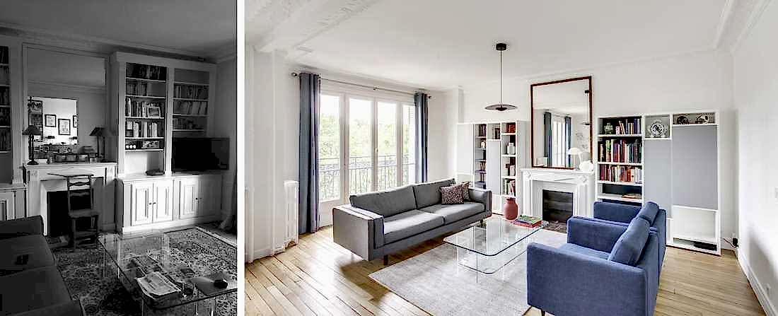 Photos avant - après de la rénovation d'un appartement haussmannien de 76m2