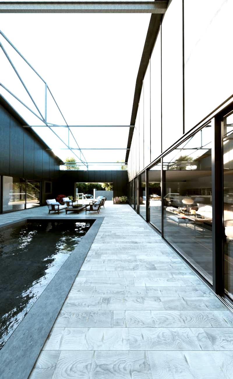 Réhabilitation d'un hangar en loft - cour intime avec bassin