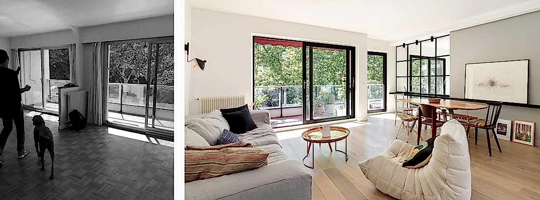 Avant-aprés : aménagement du séjour d'un appartement des années 70 par un architecte d'intérieur à Paris