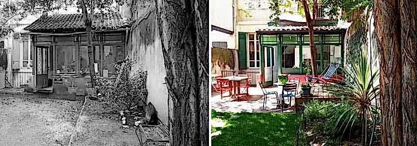 Un jardinier paysagiste aménage le jardin d'une maison de ville