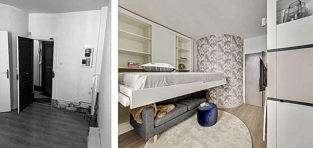 Avant - Après : le salon - chambre d'un studio de 14m² rénové