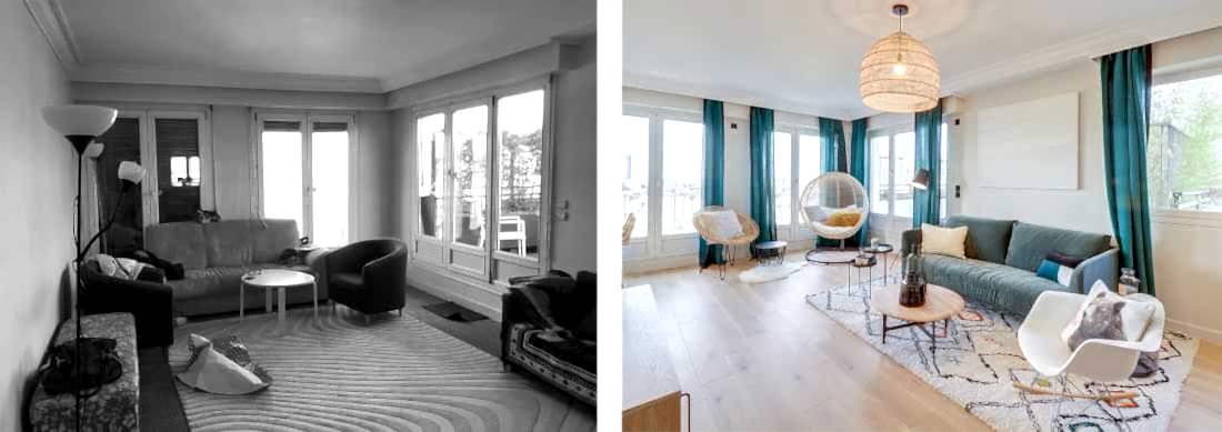Avant - après : Aménagement du salon d'un appartement des années 60 par un architecte d'intérieur à Paris