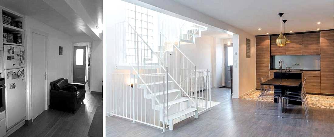 Photo avant aprés d'un projet d'architecture d'intérieur dans une maison de ville de 83 m²