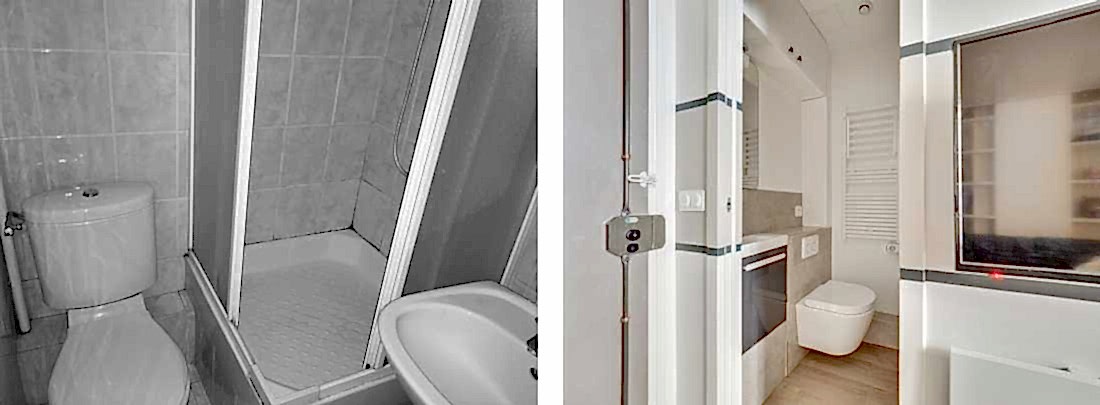 Avant - Après : salle de bains dans un studio de 14m² rénové