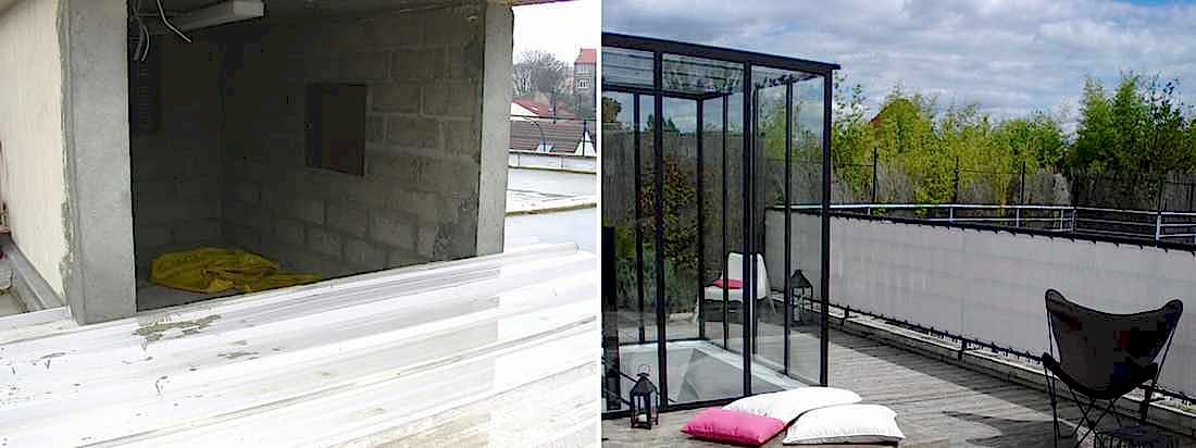 Un jardinier-paysagiste aménage une terrasse sur le toit d'un immeuble